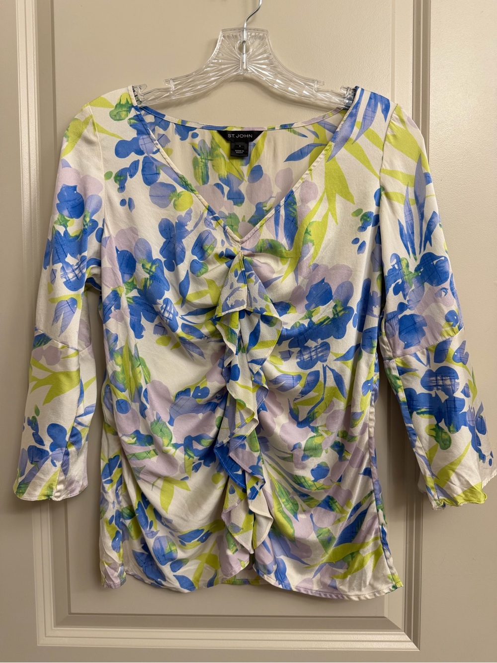 St. John ruffle-front floral blouse in blue, green & white